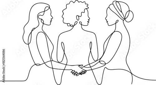 Multicultural Sisterhood: A Celebration of International Women's Day through Equality, Solidarity, and Cooperation. one line Icon drawing with white background