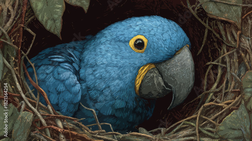 Blue parrot on the nest illustration