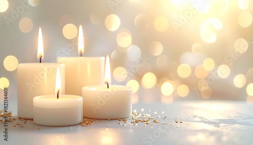 Close-up of two white candles on flowing satin with soft folds, beautifully illuminated by a golden glow, ideal for St. Lucia Day headers.