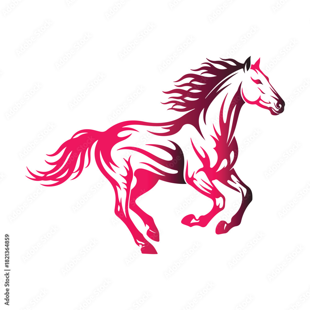 Fototapeta premium Stylized Pink Horse Galloping with Tribal Flame Patterns Isolated Graphic