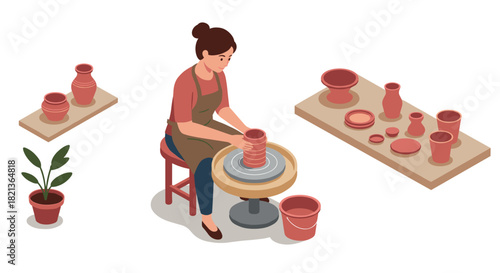 Isometric pottery studio scene with woman using pottery wheel and clay vases