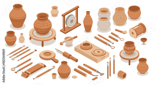 Pottery craft collection tools, clay pots, and ceramics in isometric design