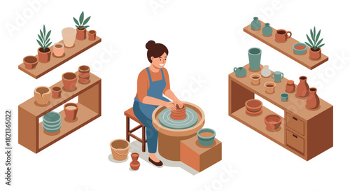 Isometric ceramic pottery workshop with artisan crafting on pottery wheel