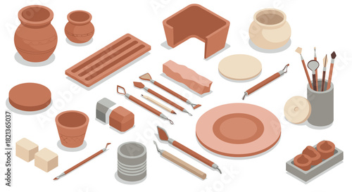Isometric pottery tools and clay objects collection for creative crafting projects