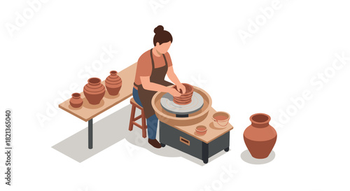 Potter at wheel creating clay vessels in isometric art design