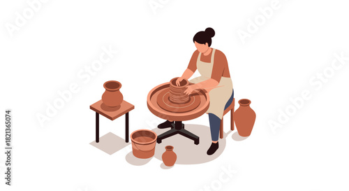 Isometric pottery artist crafting clay on wheel in workshop scene