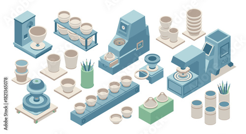 Isometric ceramic workshop pottery process and equipment in pastel tones