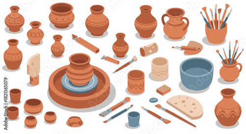 Isometric clay pottery and painting tools in a creative workshop layout