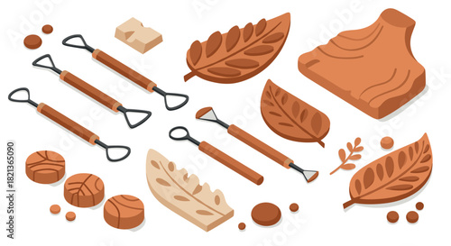 Clay modeling tools and faux leaves in isometric style for creative arts and crafts