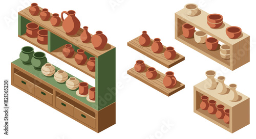 Isometric ceramic pots display on wooden shelves with green and brown accents