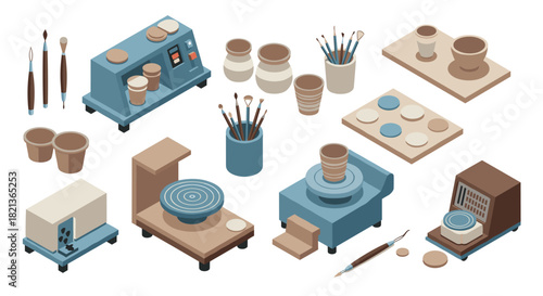 Isometric pottery workshop with tools and clay objects on white background