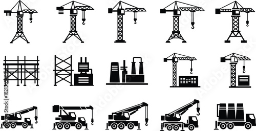 Construction cranes, industrial machinery, scaffolding structures, and heavy equipment icons representing building, engineering, lifting operations, urban development, infrastructure growth,
