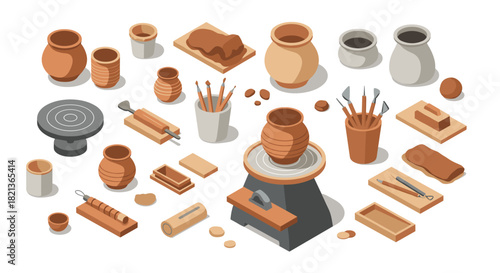 Pottery craft tools and accessories in isometric style for creative workshops