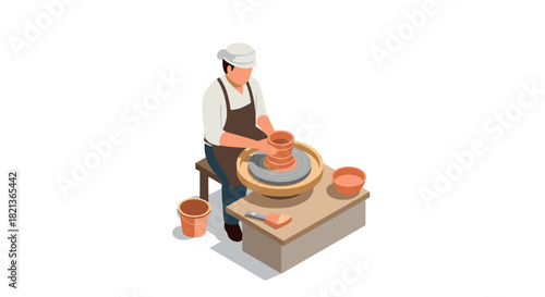 Isometric potter creating clay pot on wheel in art studio setting