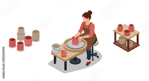 Isometric pottery scene of artisan crafting clay with pottery wheel and finished vases