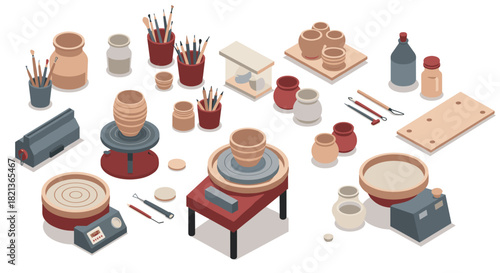 Isometric pottery workshop tools and equipment for craft enthusiasts