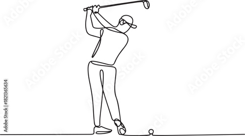 Sport illustration of golf player. Continuous one line drawing, a man playing golf game. one line Icon drawing with white background