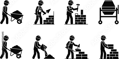 Construction worker icons showing bricklaying, cement mixing, concrete pouring, and wheelbarrow tasks, silhouette labor illustrations for building, masonry, and construction industry projects