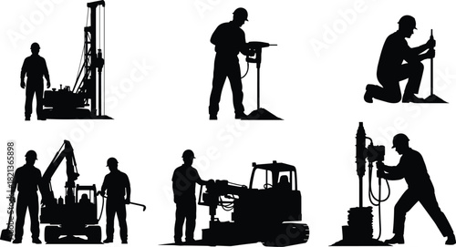 Construction workers operating drilling machines and heavy equipment, industrial silhouettes showing ground drilling, excavation tasks, labor workforce activity, engineering site operations