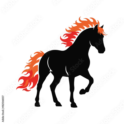 Black Horse Silhouette with Fiery Mane and Tail on White Background