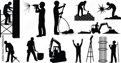 Construction workers silhouettes performing drilling, welding, digging, masonry, scaffolding, heavy equipment operation, construction labor activities, industrial workforce illustration,