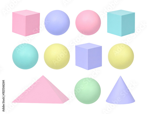 A set of 3D geometric primitives, cube, sphere, pyramid, cone, matte pastel colors, isolated on transparent background, PNG
