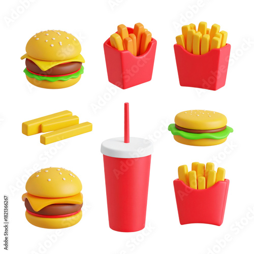 A set of 3D fast food icons, hamburger, fries, soda, stylized 3D food, isolated on transparent background, PNG
