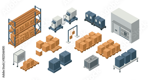 Isometric warehouse elements logistics and storage solutions collection