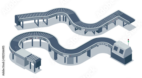 Isometric conveyor belt system with curves for industrial automation and manufacturing