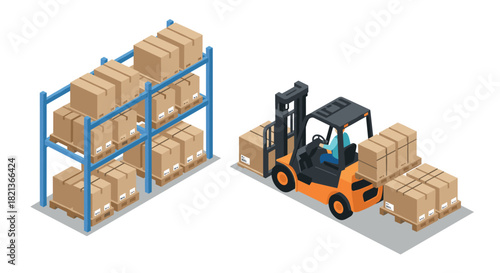 Isometric warehouse scene with forklift and pallet racks loaded with boxes