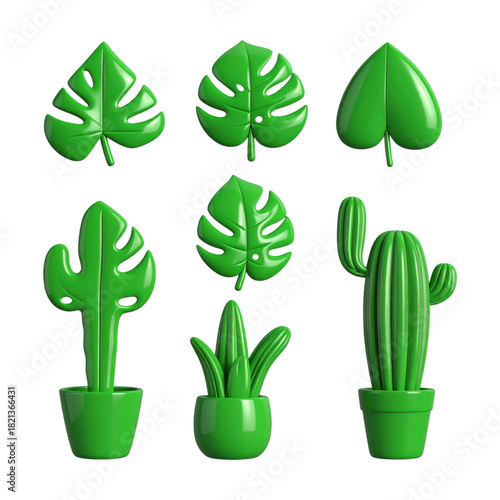 A set of 3D stylized plants, monstera, cactus, succulent, glossy green, isolated on transparent background, PNG