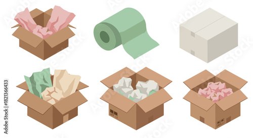 Isometric open boxes and packing paper collection for shipping and storage