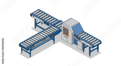 Isometric conveyor belt system with industrial machine for automated production