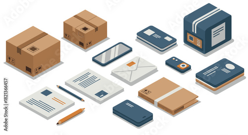 Isometric office supplies and packages with modern technology elements