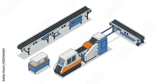 Isometric factory conveyor system with modern machinery and equipment