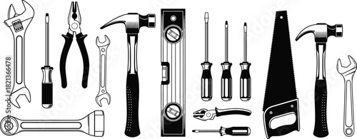 Hand tools collection including wrenches, hammers, screwdrivers, pliers, level, and saw, detailed black illustration for construction, repair, workshop, DIY themes