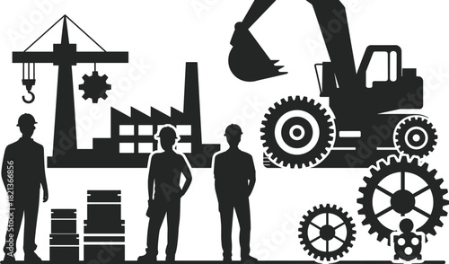 Industrial construction scene with workers, heavy machinery, factory buildings, crane equipment, large gears, mechanical components, engineering workforce silhouettes in manufacturing environment