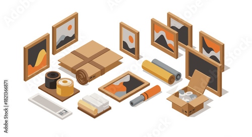 Isometric art supply collection with frames, brushes, and packaging elements