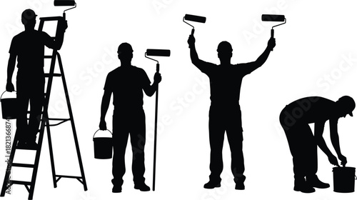 House painters working with rollers, ladders, and paint buckets, professional painting labor silhouettes, home renovation, wall coating, construction maintenance illustration