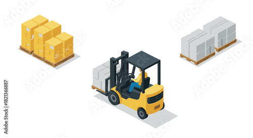 Isometric forklift transporting boxes warehouse and logistics scene