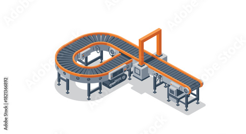 Isometric factory conveyor belt with orange accents for manufacturing and automation