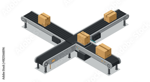Isometric conveyor belt with moving packages in a modern warehouse setting