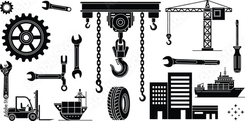 Industrial tools, gears, cranes, forklift, and cargo ship silhouettes representing construction, engineering, mechanical equipment, transportation logistics, and manufacturing industry
