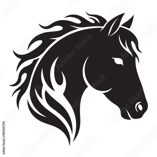 Stylized Black Horse Head Silhouette with Tribal Mane Vector Design