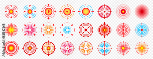 Vector set of body point pain in muscles, throat, joint, teeth, head, neck, stomach. Inflammation marker, circle painful area with red target. Sore spot or muscle spasms icons. Ache localization signs