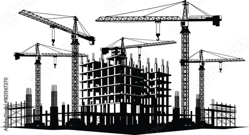 Large construction site with multiple tower cranes lifting materials, building high-rise structure, industrial development, urban growth, engineering equipment, heavy construction machinery.