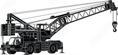 Mobile crane truck silhouette with extended boom, heavy lifting equipment illustration for construction industry, industrial machinery vector design, engineering concept artwork