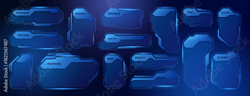 Vector set of blue futuristic hud frames, text box borders, sci-fi tech labels or digital screen hologram panels. User interface ui elements, game layout or high tech modern information boxes template
