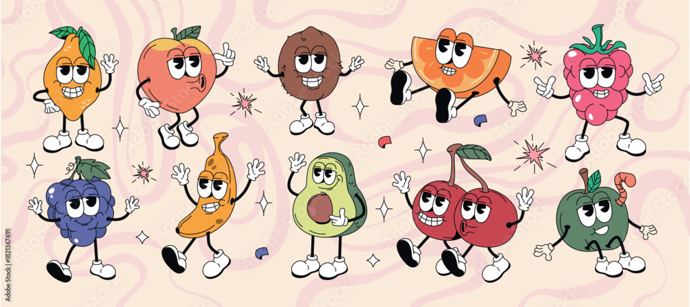 Obraz premium Vector set of groovy hippie fruit and nut characters in retro style. Cartoon cute summer stickers, funky comic doodle apple, cherry, lemon, avocado, hazelnut, blackberry and raspberry with funny faces