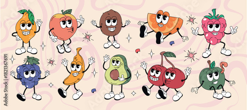 Vector set of groovy hippie fruit and nut characters in retro style. Cartoon cute summer stickers, funky comic doodle apple, cherry, lemon, avocado, hazelnut, blackberry and raspberry with funny faces